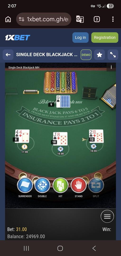 Demo of Single Deck Blackjack MH by Play'n GO at 1xBet in Ghana