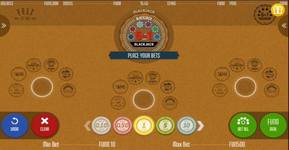 Betting limits and chip options in 6 in 1 Blackjack by FELT Gaming