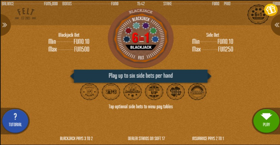 Paytable and rules for 6 in 1 Blackjack by FELT Gaming