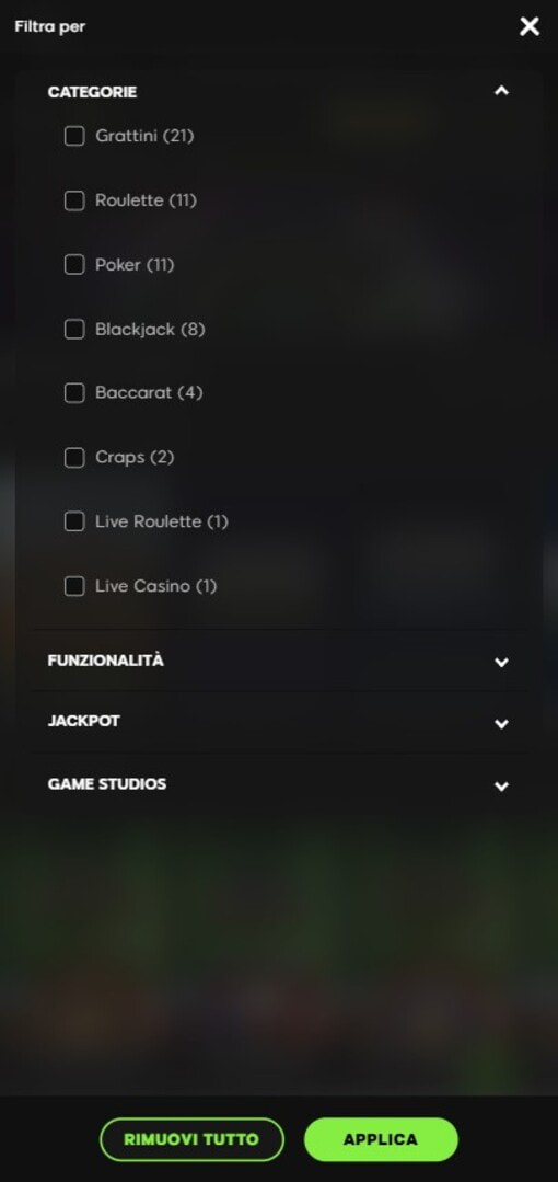 Filtri di ricerca giochi di 888casino