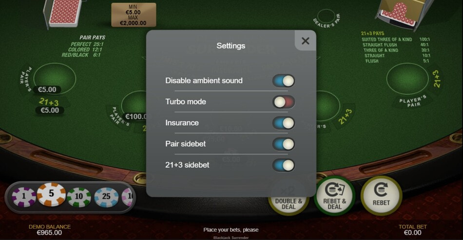 Blackjack Surrender by Playtech settings menu showing toggles for ambient sound, turbo mode, insurance, and side bets.