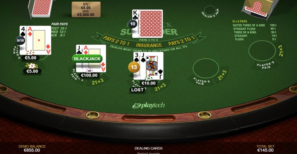 Blackjack Surrender by Playtech gameplay showing multiple active hands including a blackjack and a lost hand against the dealer.