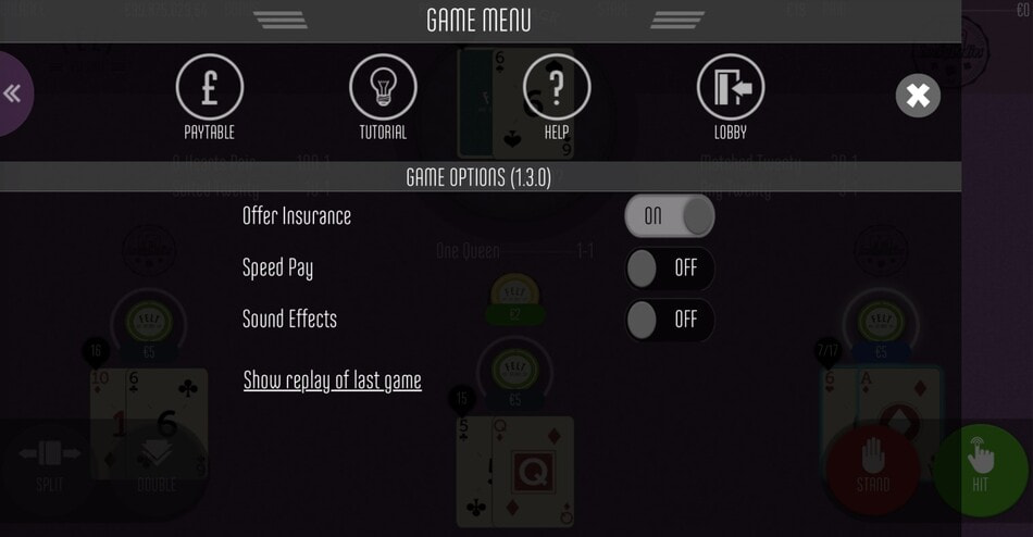 Lucky Ladies Blackjack by Felt Gaming game menu showing options for insurance, speed pay, sound effects, and replay