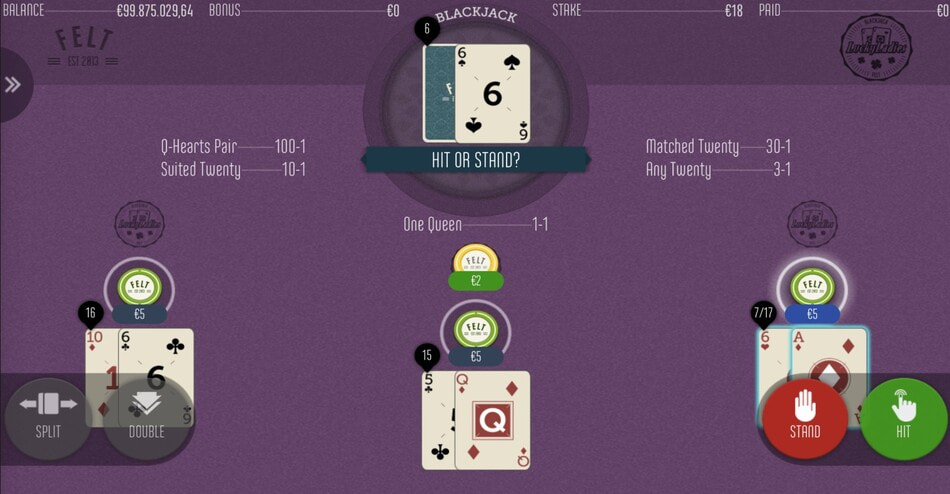 Lucky Ladies Blackjack by Felt Gaming gameplay showing three active hands with hit, stand, split, and double options