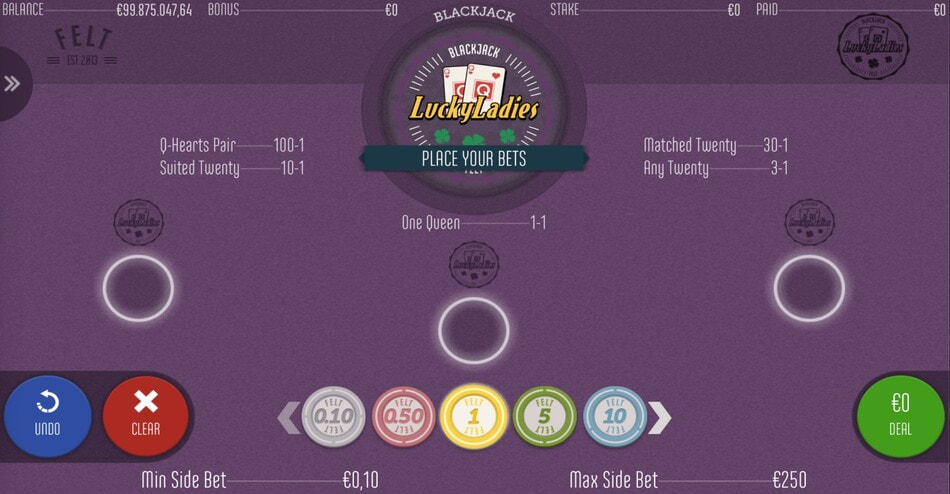 Lucky Ladies Blackjack by Felt Gaming betting screen.