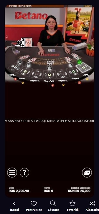 Masă exclusivă de blackjack live de la Betano.