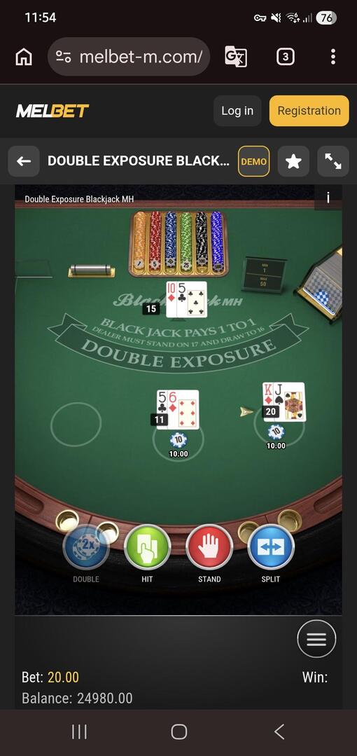 Demo of Double Exposure Blackjack MH by Play'n GO at MelBet in Kenya