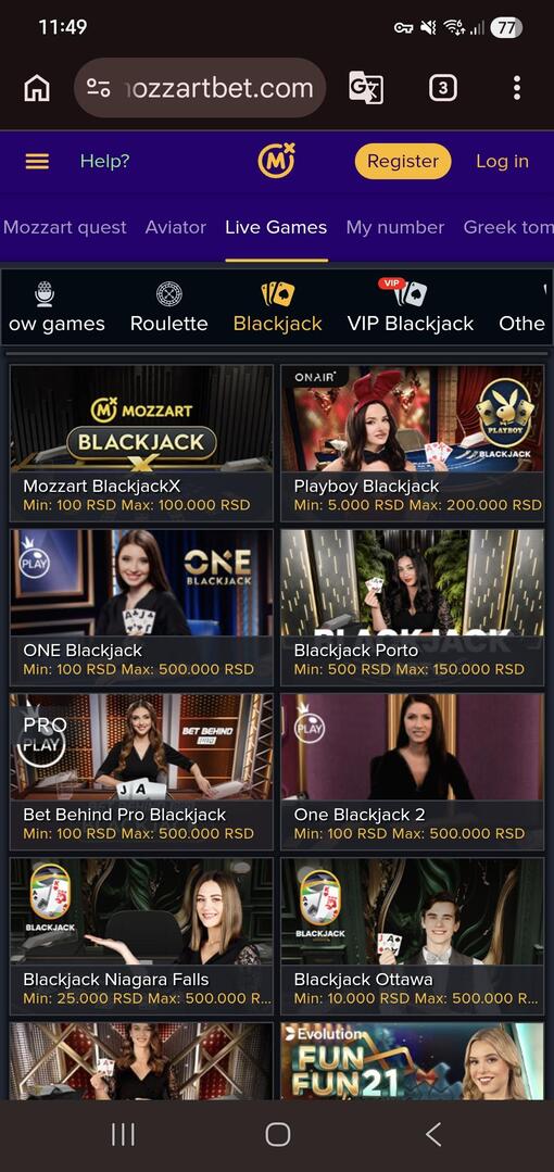 Mozzart Casino Exclusive Live Dealer Blackjack