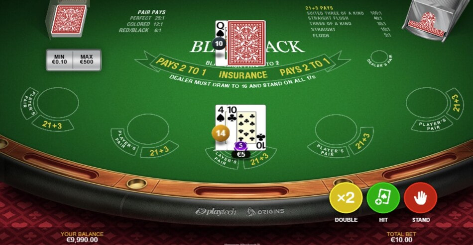 Premium Blackjack by Playtech betting table with double, hit, and stand buttons visible.