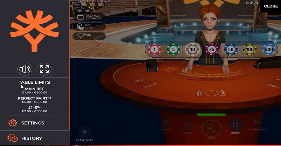 Sonya Blackjack by Yggdrasil side menu displaying table limits for the main bet, Perfect Pairs, and 21+3 side bets.