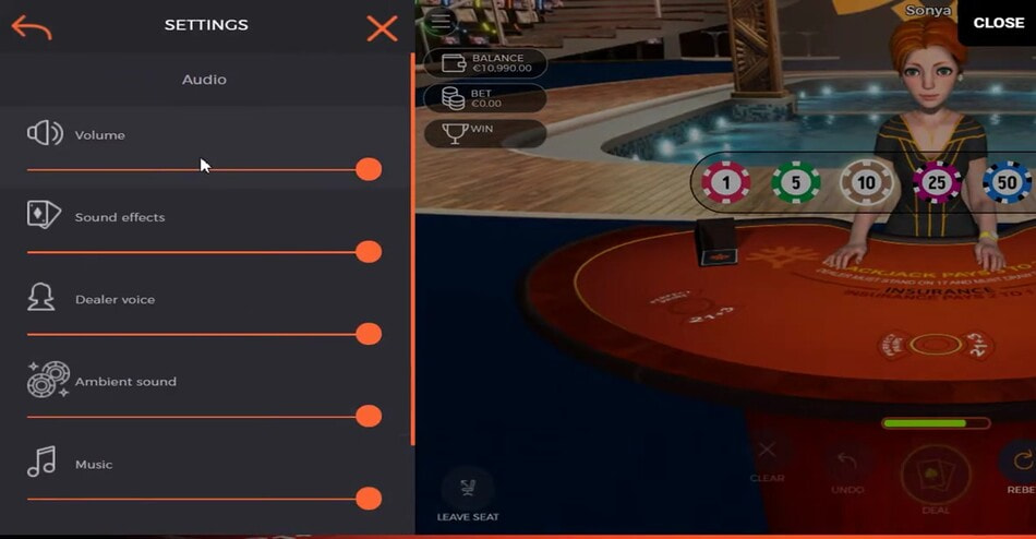 Sonya Blackjack by Yggdrasil settings panel.