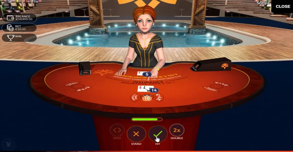 Sonya Blackjack by Yggdrasil gameplay showing the 3D dealer.