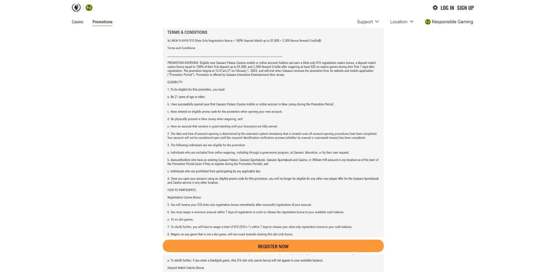 The Casino Bonus Terms Page of Caesars Palace Online Casino