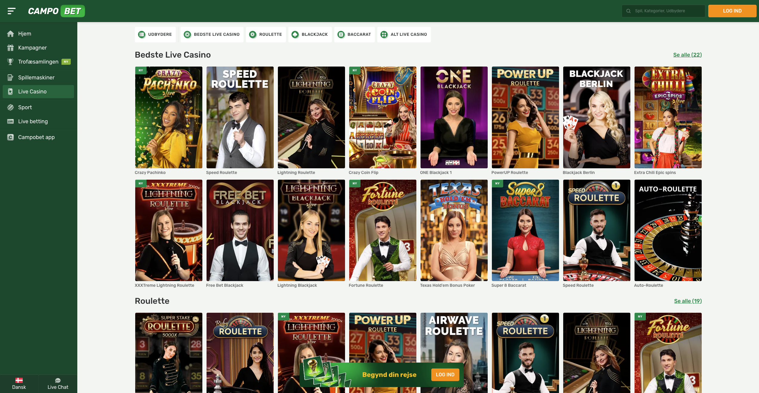 CampoBet live casino lobby med roulette, blackjack og game show-borde fra Evolution