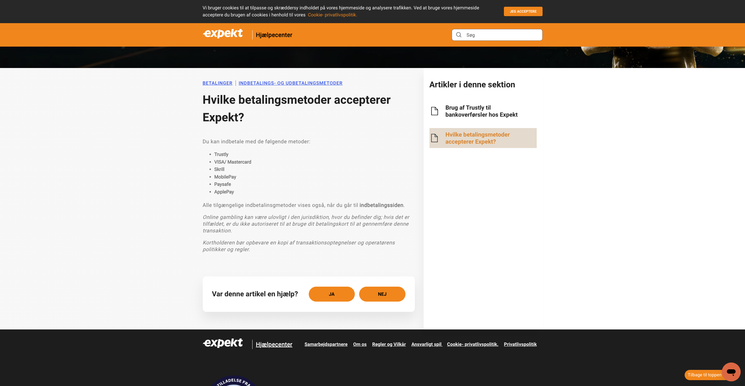 Expekt kasseside med oversigt over alle tilgængelige betalingsmetoder inkl. MobilePay og kort