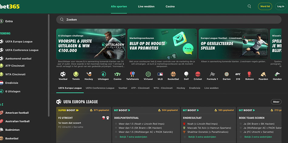 Een deel van het bet365 sportweddenschappen aanbod.