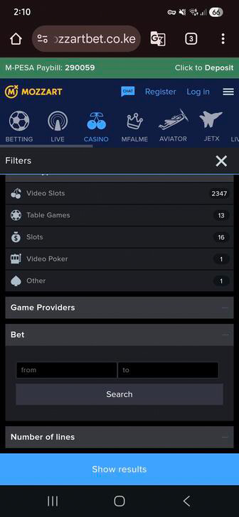 Mozzart Casino Slot Bet Filter