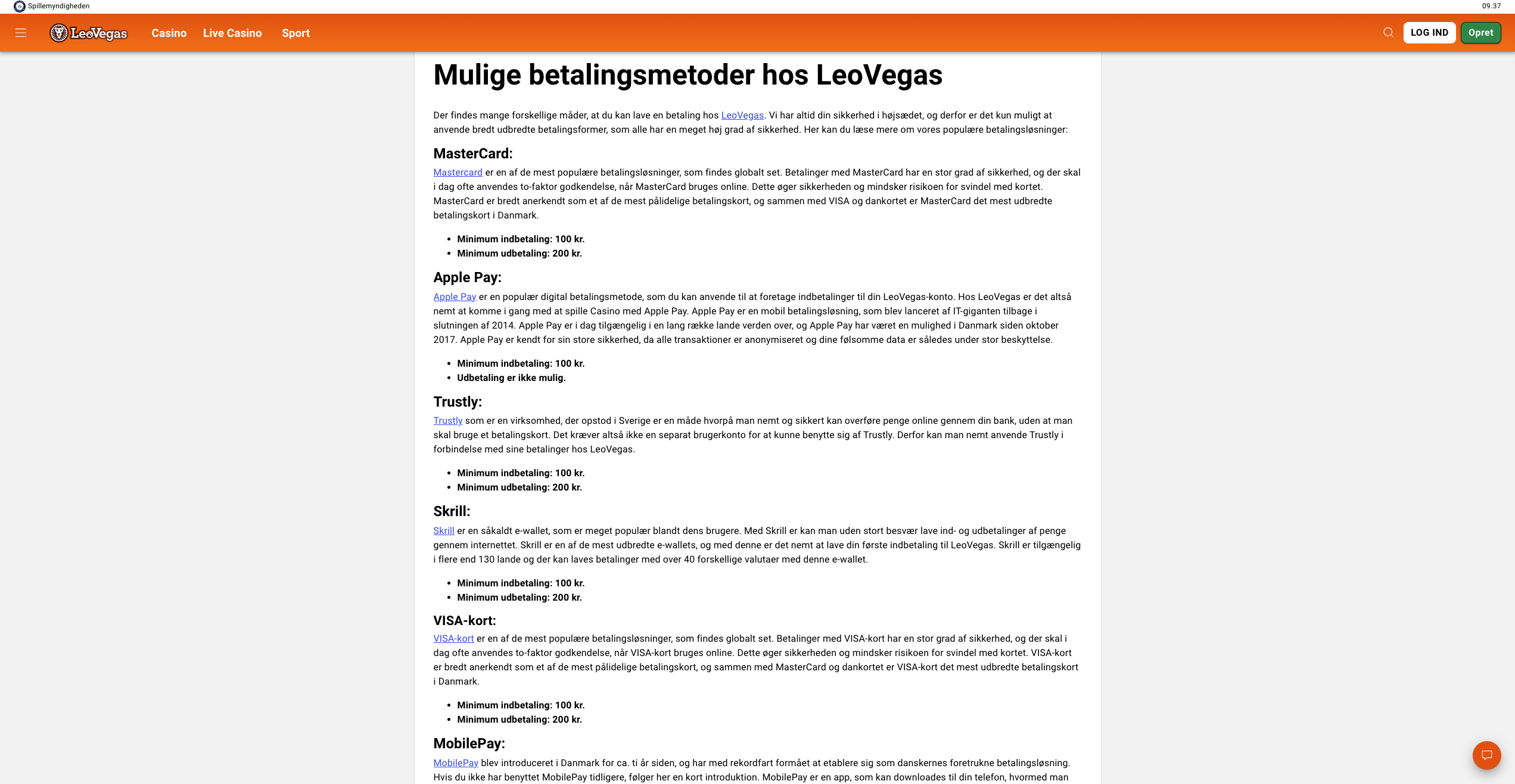 LeoVegas kasseside med hurtig indbetalingsmulighed og betalingsmetoder
