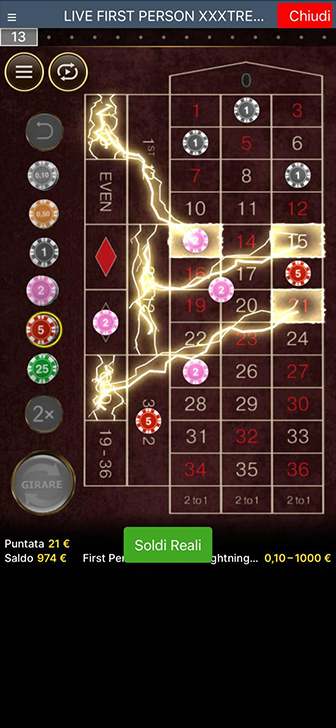 Una schermata della First Person XXXtreme Lightning Roulette di Evolution.