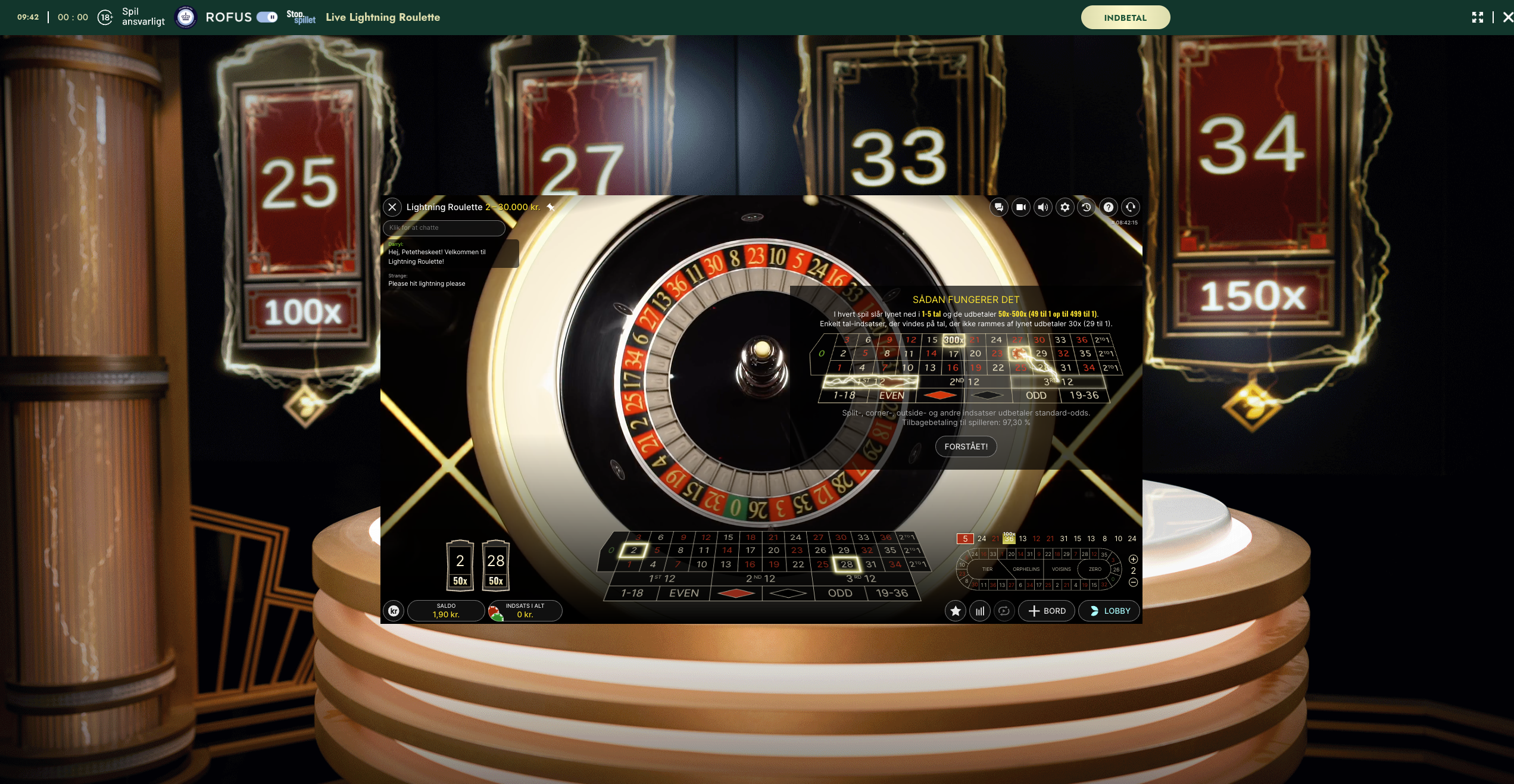 Mr Green Lightning Roulette spilgrænseflade med multiplier-visning og lynnedslag