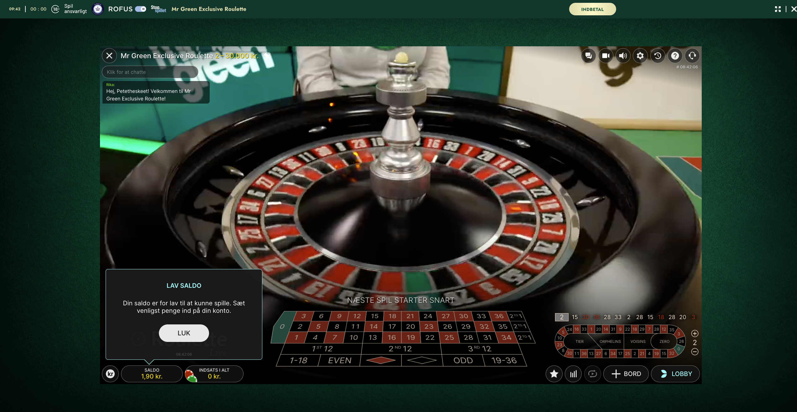 Mr Green live roulette-bord med dealer og spilleoverflade fra Evolution Gaming