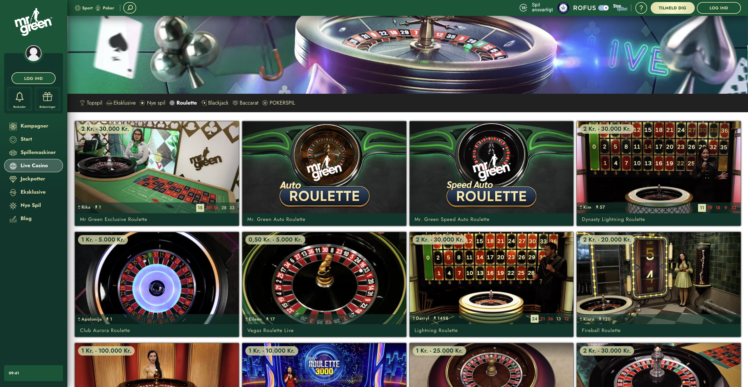Mr Green roulette-lobby med oversigt over live og RNG roulette-varianter fra Evolution