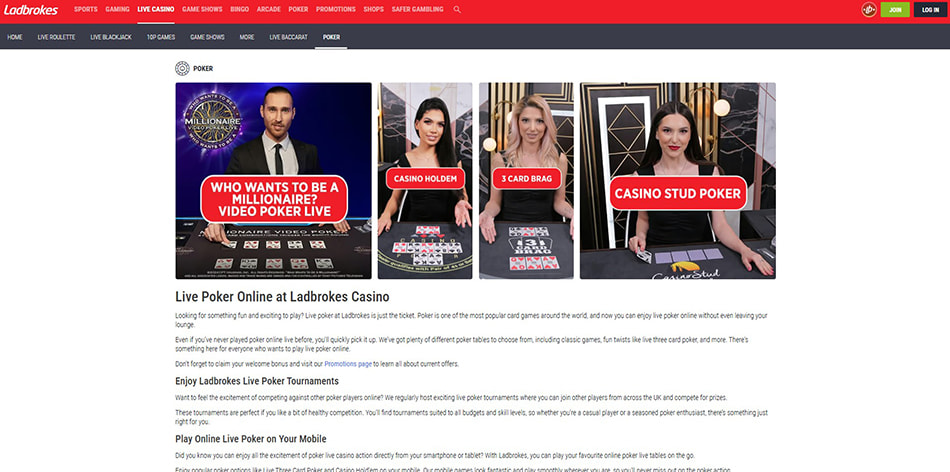 Screenshot of the Live Video Poker at Ladbrokes