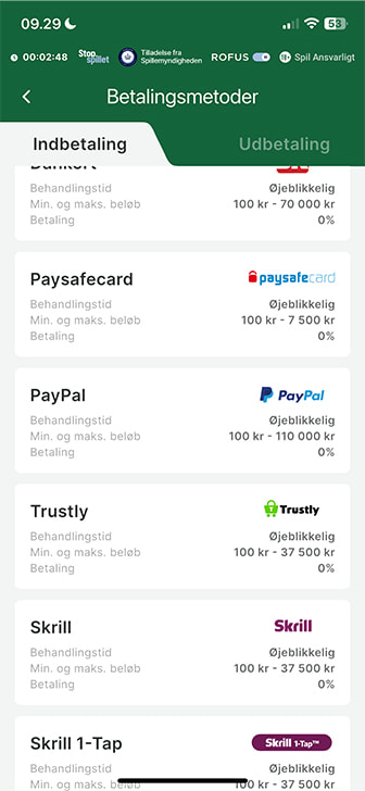 Visning af minimumsindbetaling med PayPal for at få bonus.