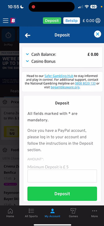 PayPal Minimum Deposit at Betfred
