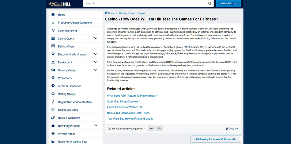 Screenshot of the Fairness Testing Policy at William Hill