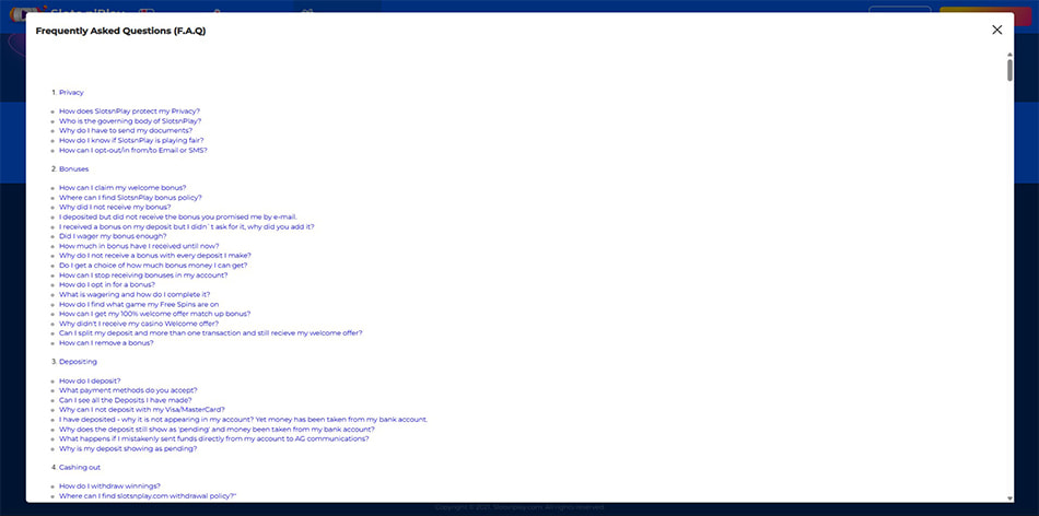 Screenshot of Slotsnplay's Detailed FAQ Section
