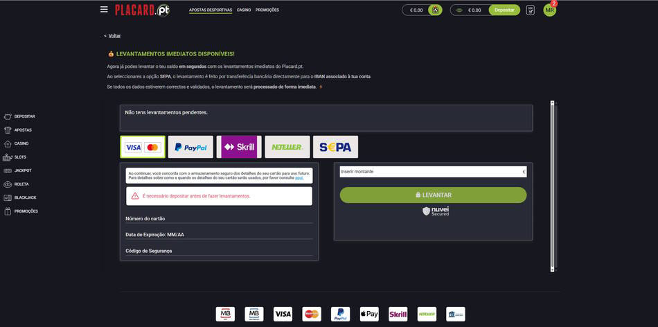 Levantamentos imediatos no Placard