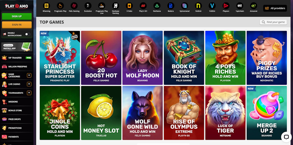 PlayAmo Casino Games Lobby.