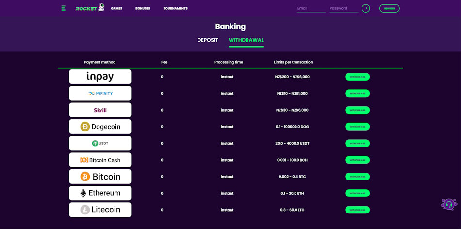 Withdrawal Options at Casino Rocket