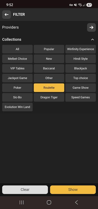 Filtros de Juego del Casino MelBet