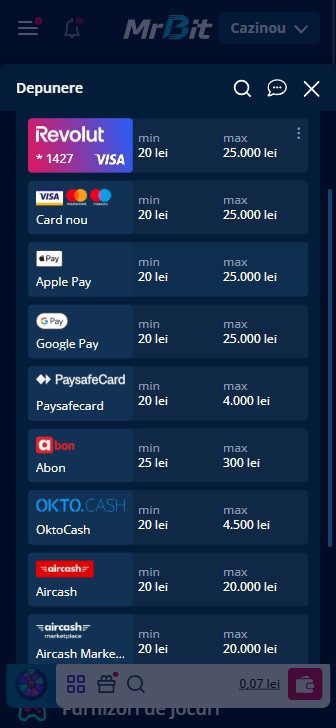 Metode de depunere la Mr Bit Casino