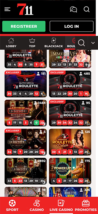 Het roulette spelaanbod in de lobby van 711 Casino