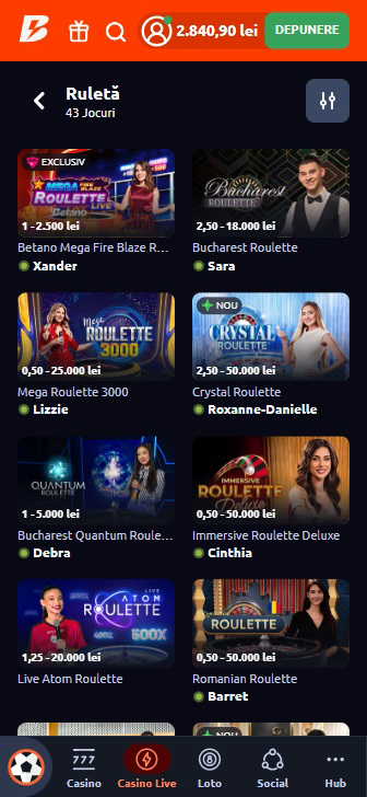 Selecția de ruletă live de la Betano Casino