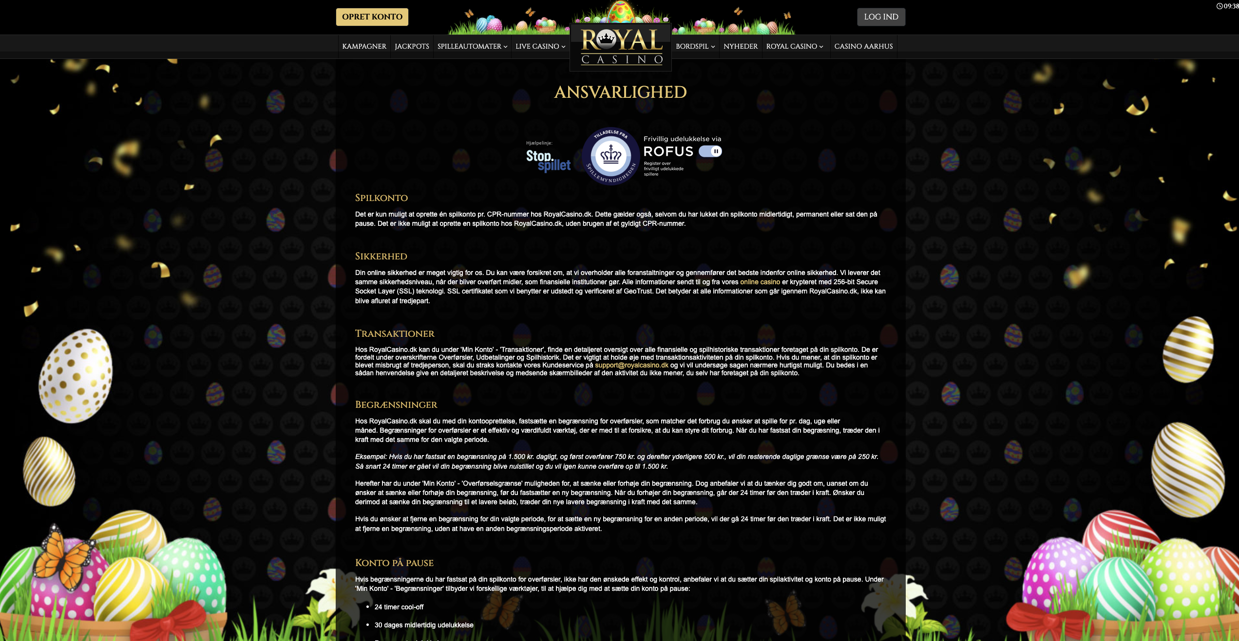Royal Casino ansvarligt spil-sektion med grænseværktøjer og selvudelukkelse