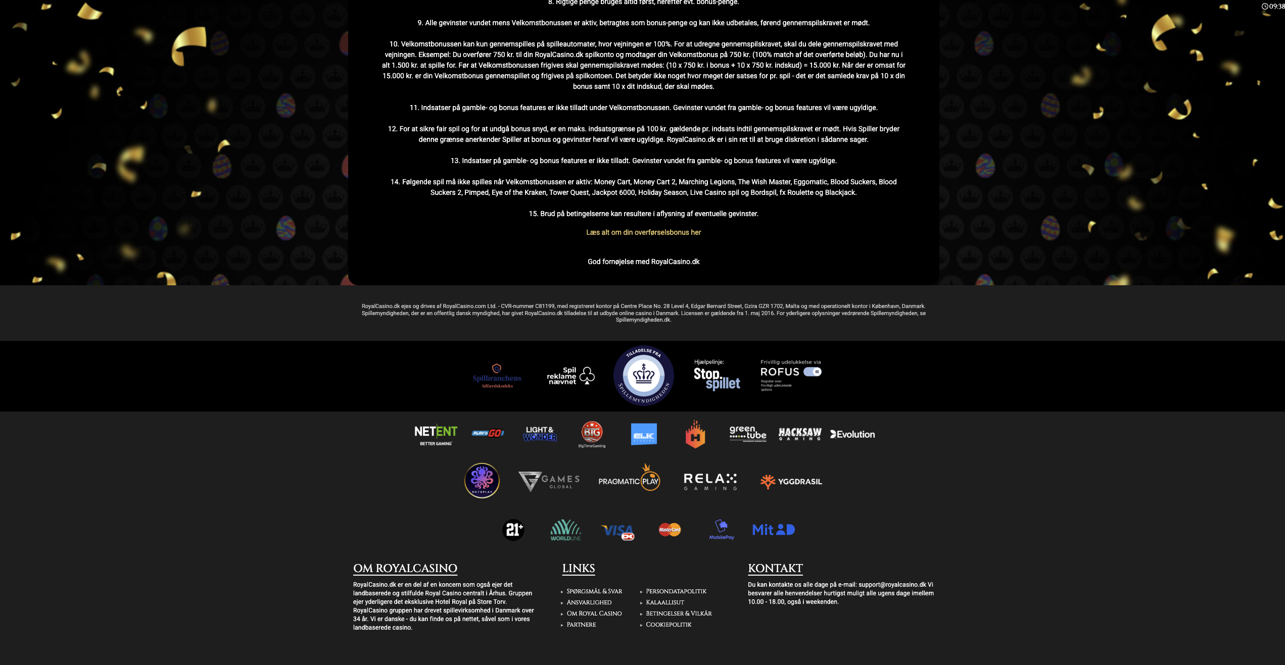 Royal Casino hjemmeside med Spillemyndighedens licens og tryghedsmærker synlige i footer