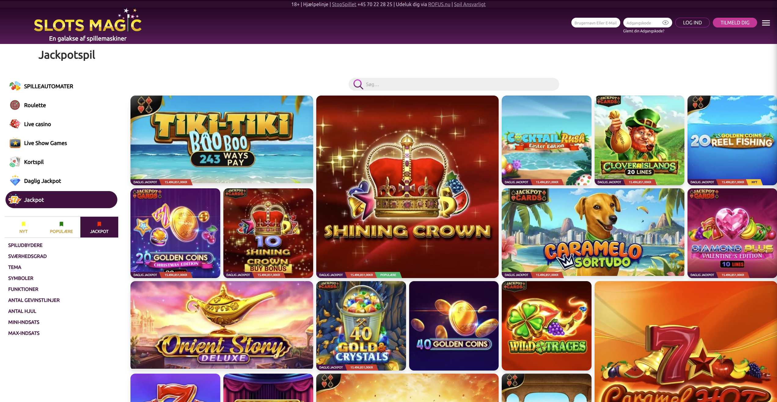 Slots Magic jackpot-sektion med aktuelle puljebeløb synlige for progressive jackpot-spil