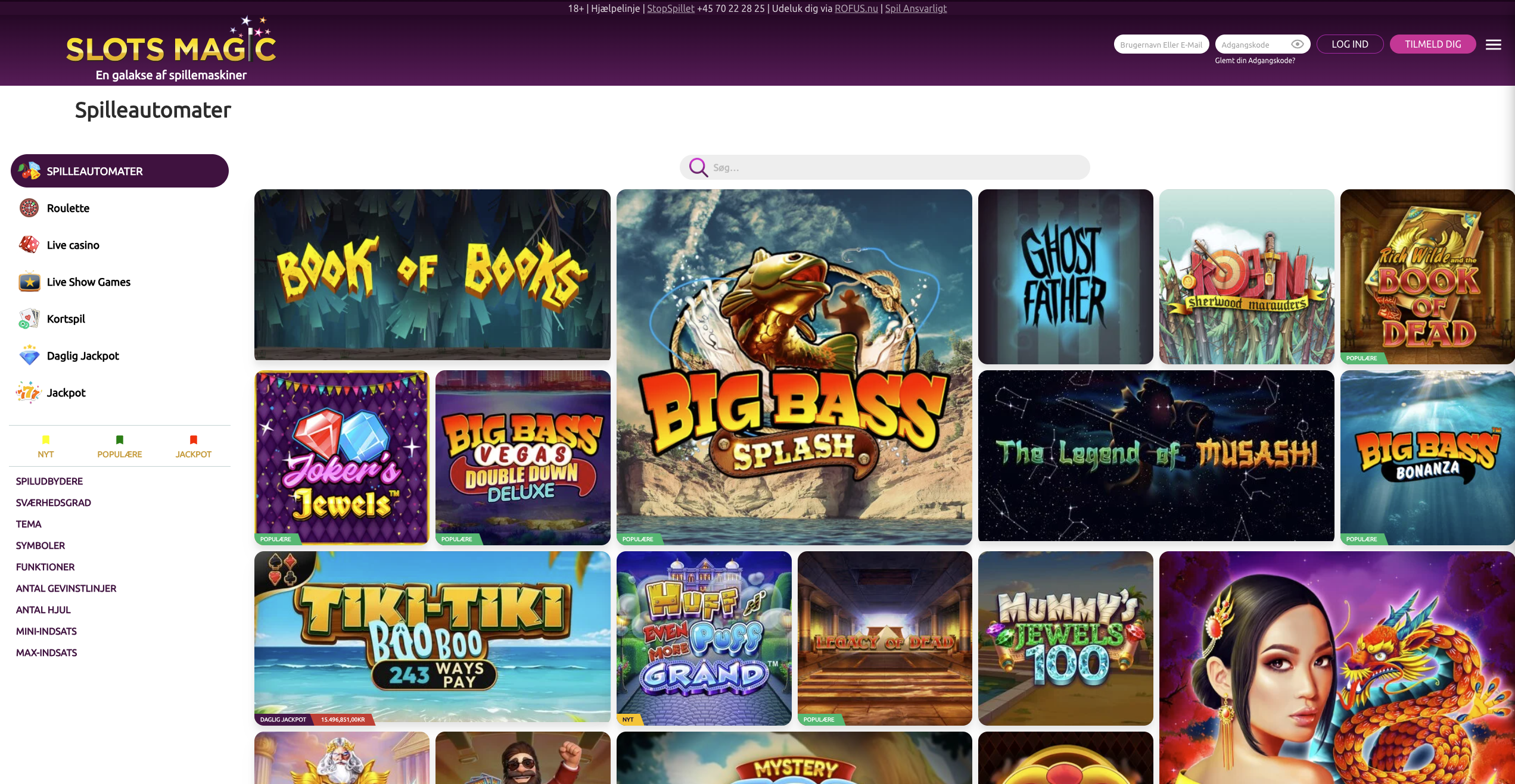 Slots Magic generel slots-lobby med jackpot-spil fremhævet øverst og kategorier nedenunder