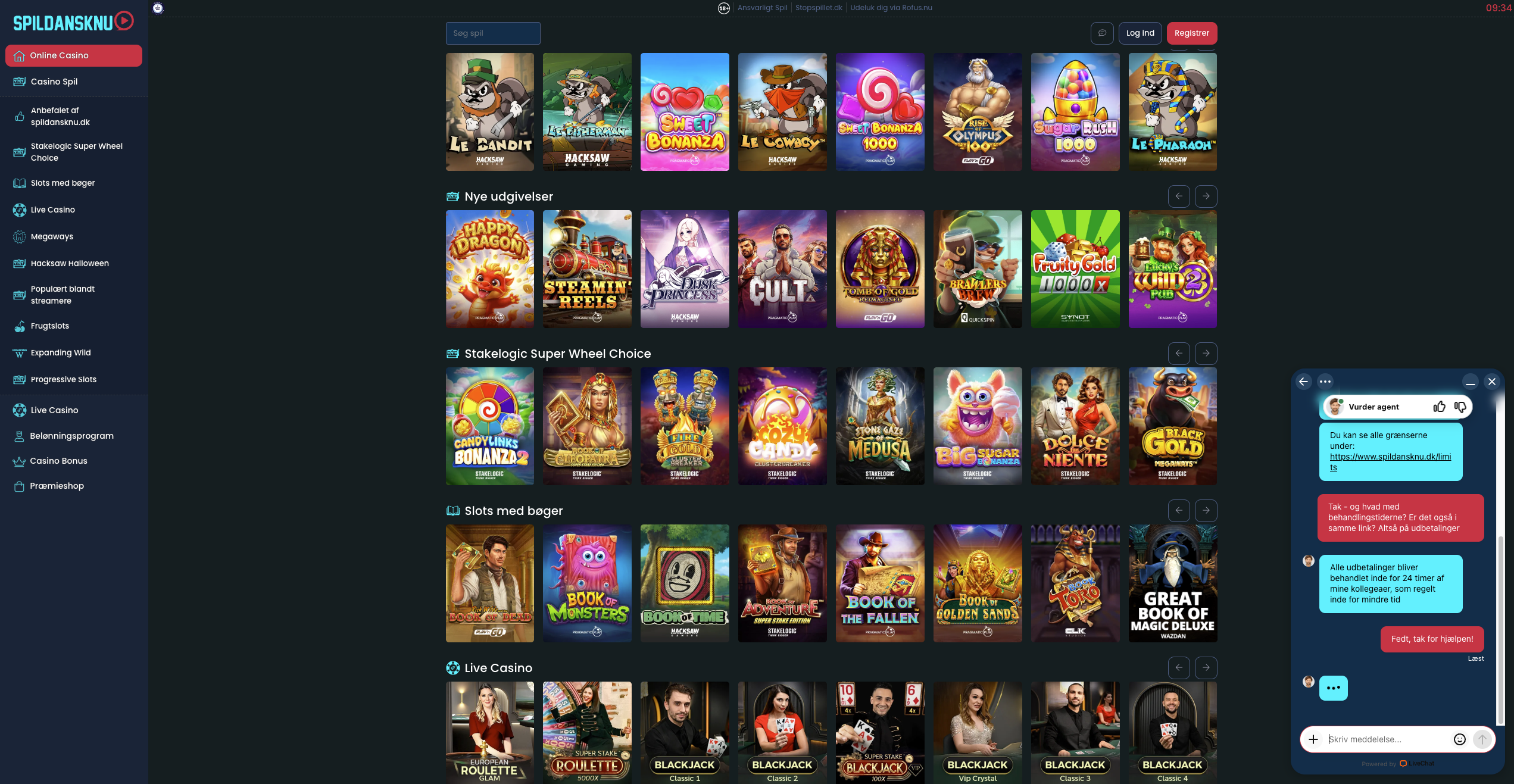 Spildansknu dansktalende kundesupport chat-vindue med live agent