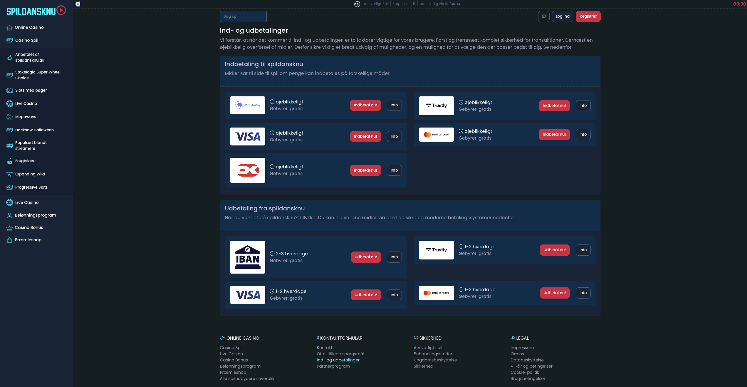 Spildansknu kasseside med udbetalingsmuligheder inkl. MobilePay og e-wallets med estimeret tid
