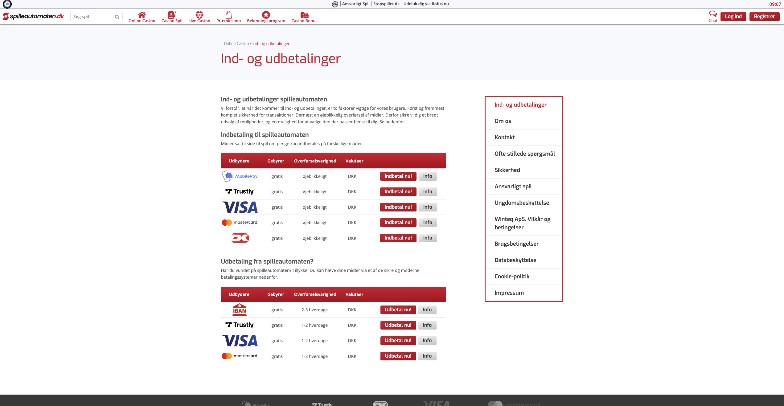 Spilleautomaten.dk oversigt over hurtige ind- og udbetalingsmetoder.