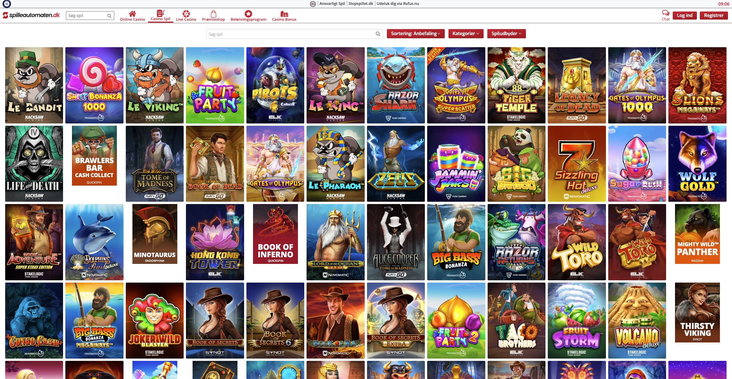 Spilleautomaten.dk slots lobby med stort udvalg af spilleautomater organiseret i kategorier