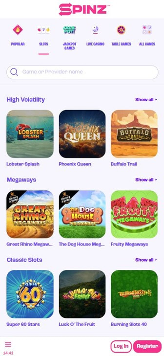 Spinz Online Casino's Diverse Slot Sub Categories
