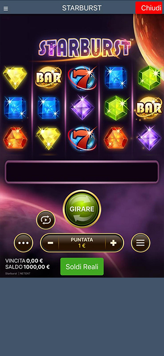 La slot Starburst di NetEnt nella versione mobile.
