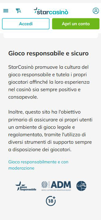 Il footer di StarCasinò da mobile dedicata al gioco responsabile, con testo sulla tutela dei giocatori e loghi di certificazione ADM, G4 e 18+.