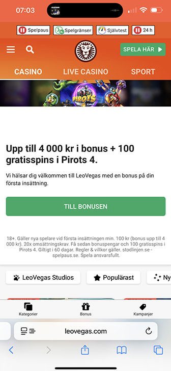 LeoVegas välkomstbonus med tydliga och rättvisa bonusvillkor och ansvarfullt spelande längst ner